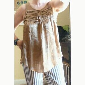 Calypso St. Barth Loose cut tan silk satin  tank tunic top pintucks ruffles M-L